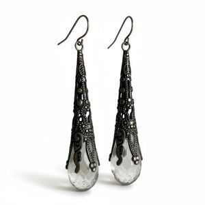Vintage Filigree Glass Teardrop Dangle Earrings – Gothic Victorian Revival